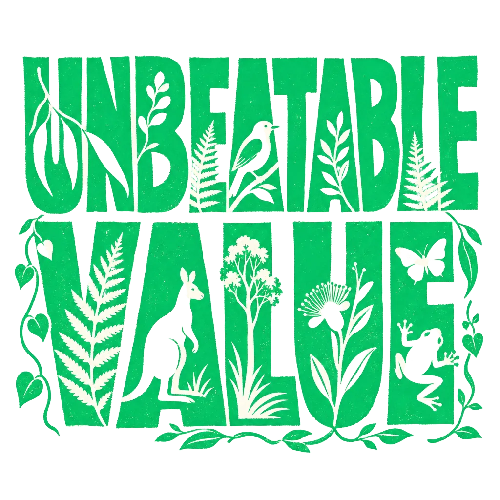 Unbeatable value — the words rendered as an illustration built from trees, leaves, branches and wildlife